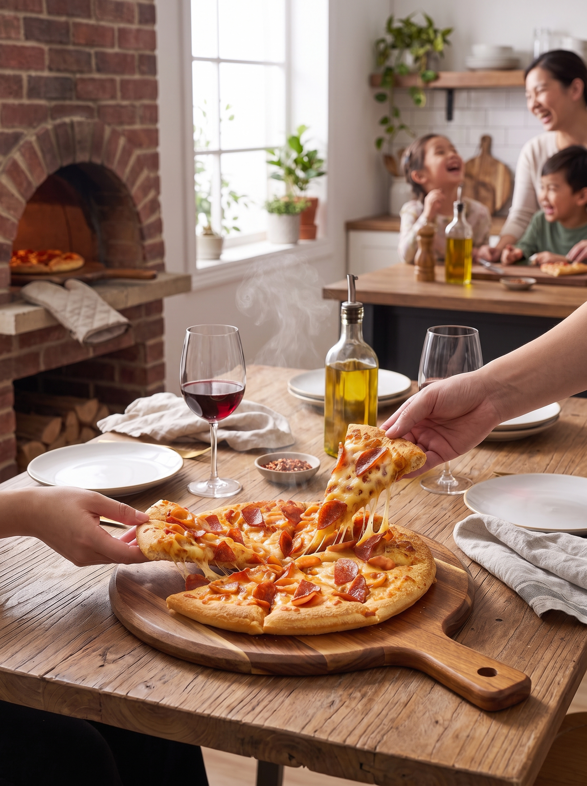 Round Wooden Pizza Serving Board with Handle lifestyle image 1
