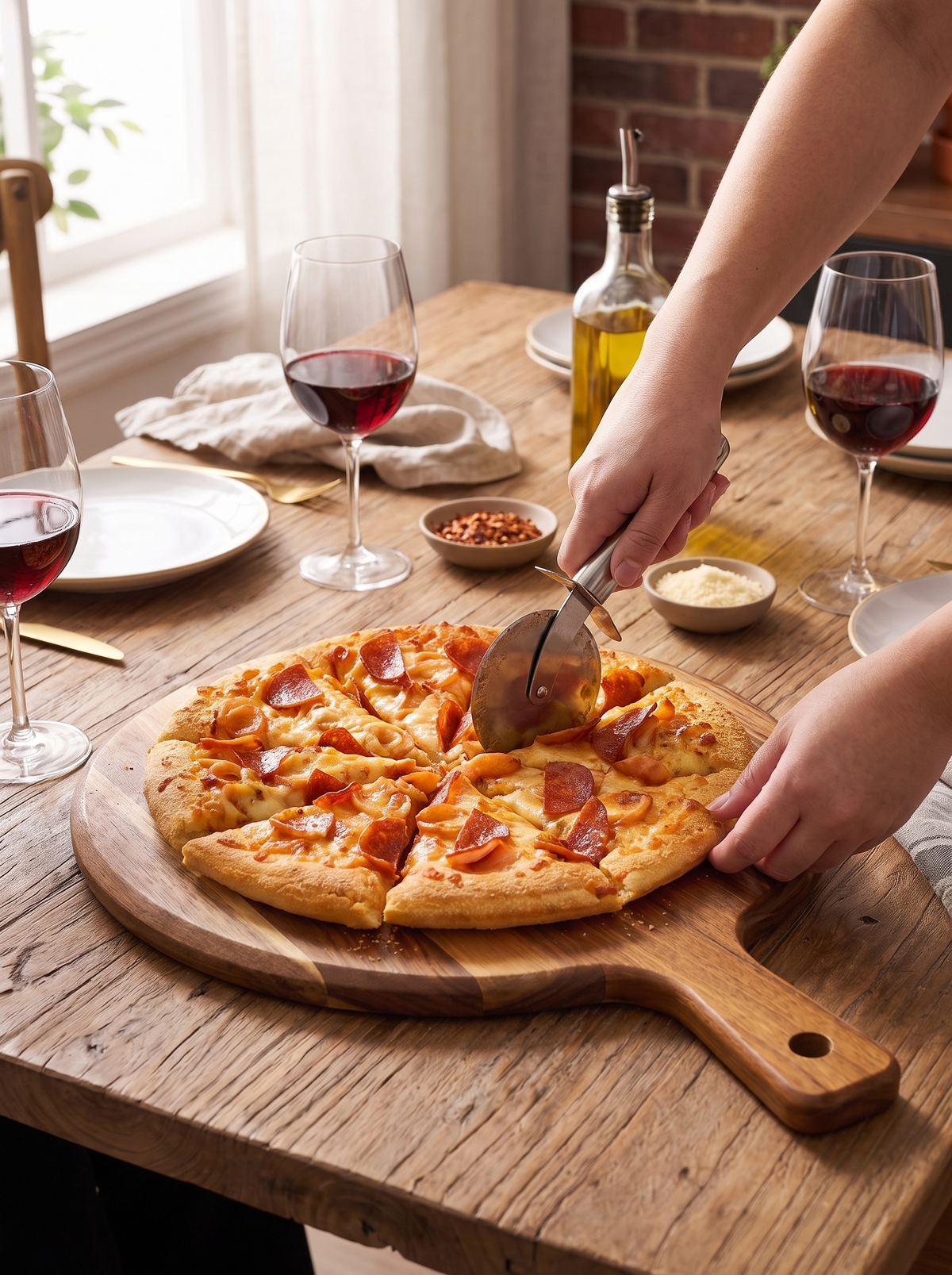 Round Wooden Pizza Serving Board with Handle lifestyle image 2