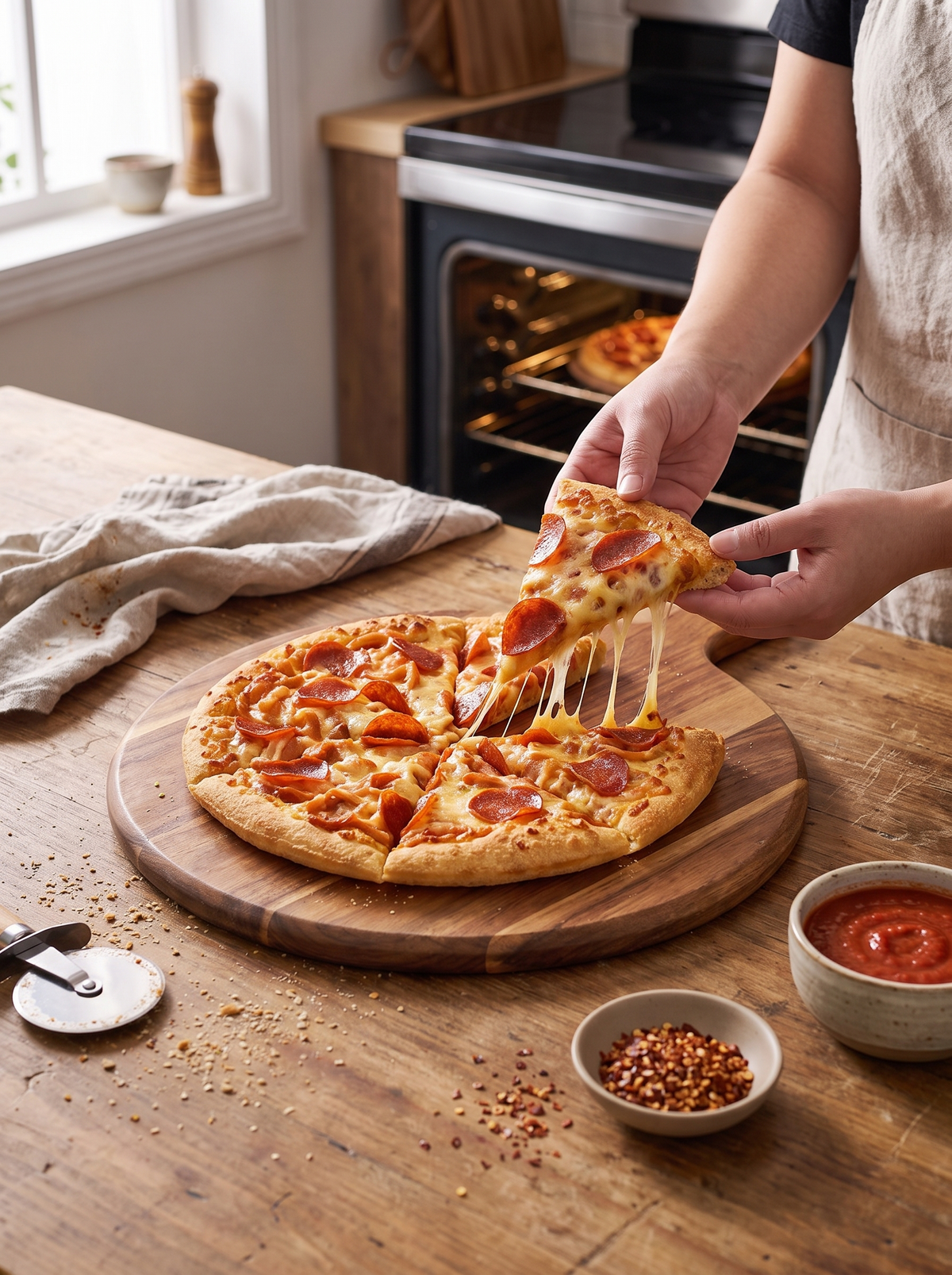 Round Wooden Pizza Serving Board with Handle lifestyle image 3