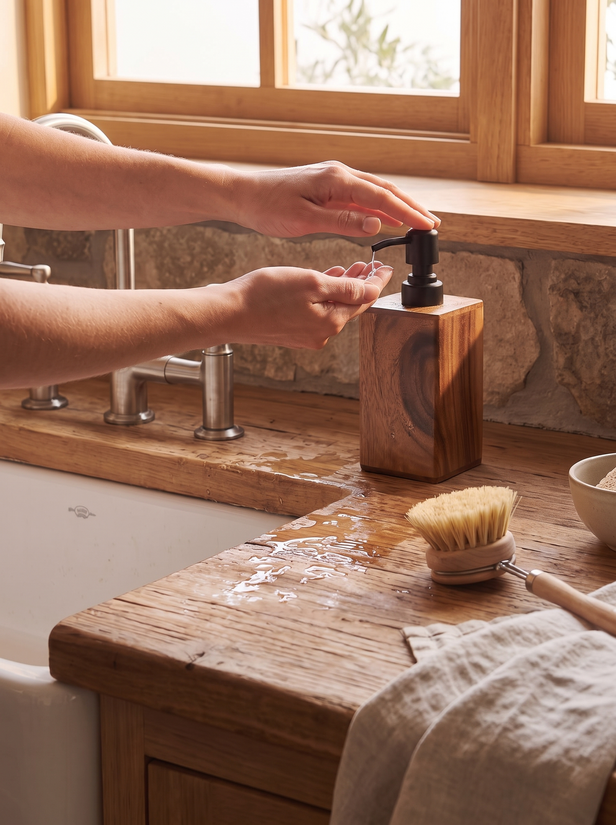 Hearthstone Wooden Soap Dispenser with Black Pump lifestyle image 1