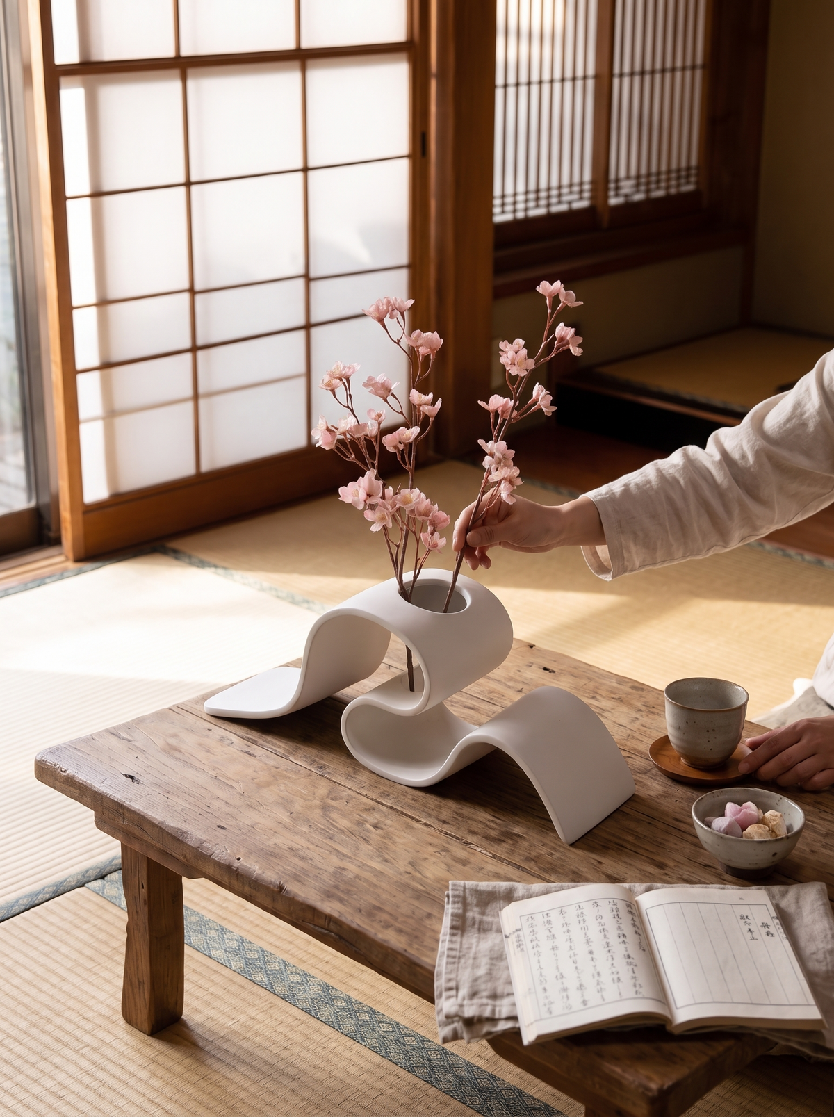 Kintsu Sculptural Ribbon Vase, White Ceramic lifestyle image 3