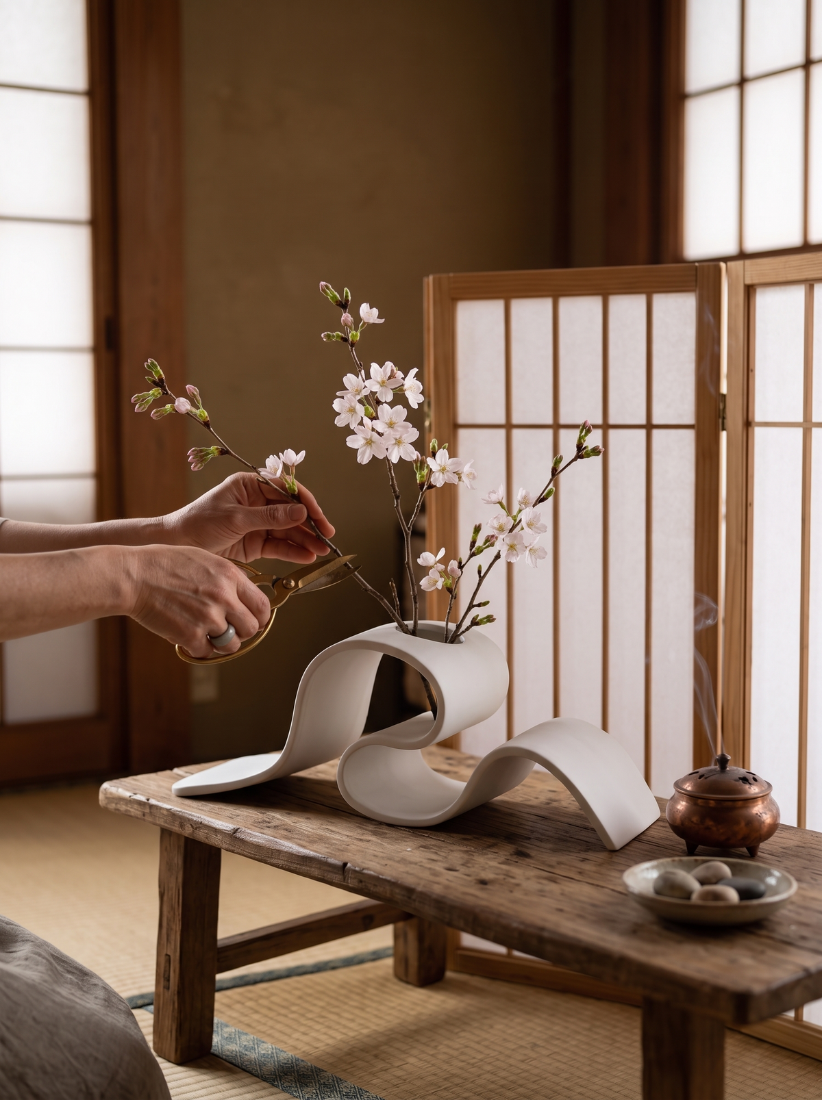 Kintsu Sculptural Ribbon Vase, White Ceramic lifestyle image 2
