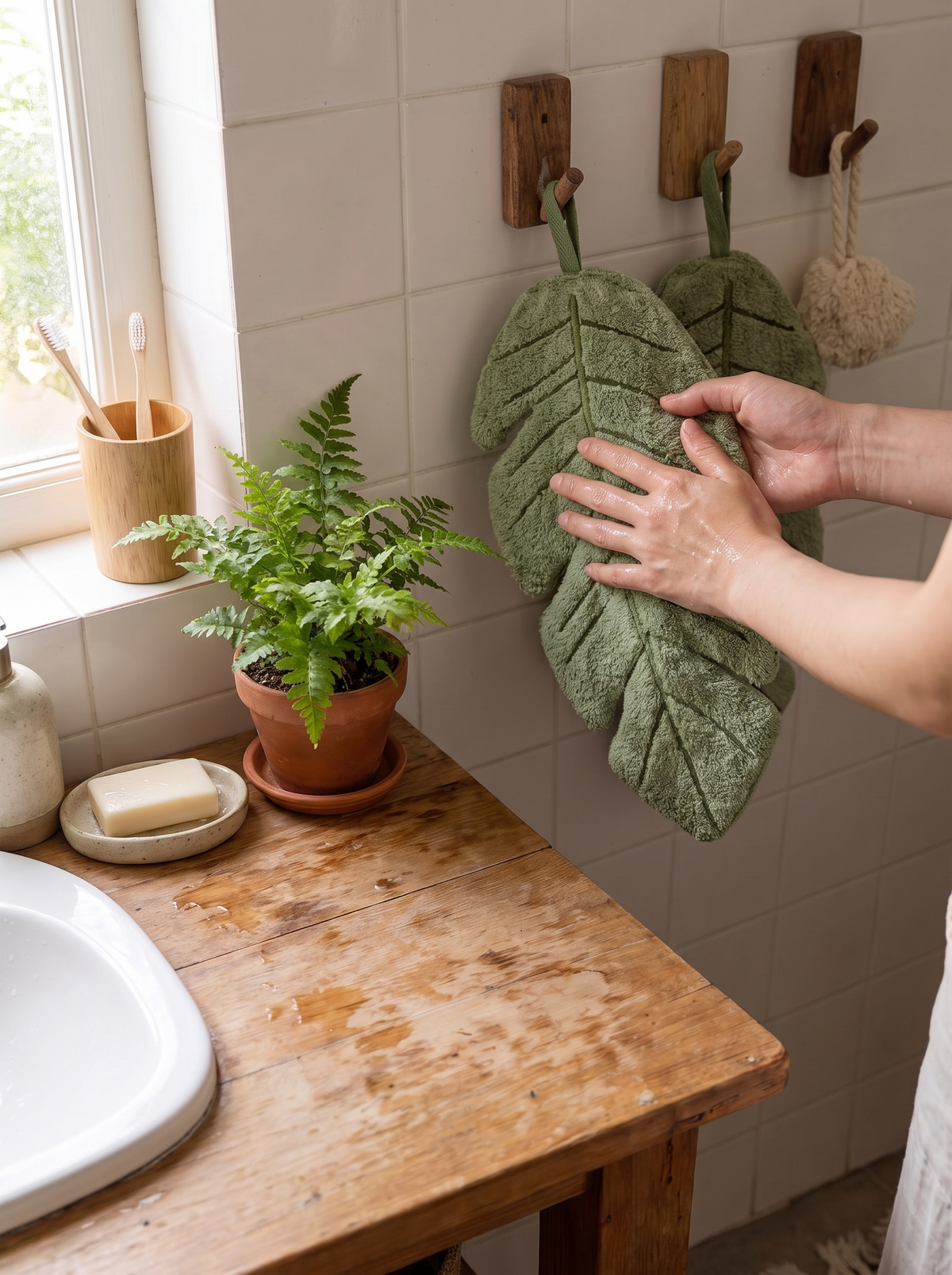 Leaf-Shaped Hand Towel with Hanging Loop lifestyle image 1