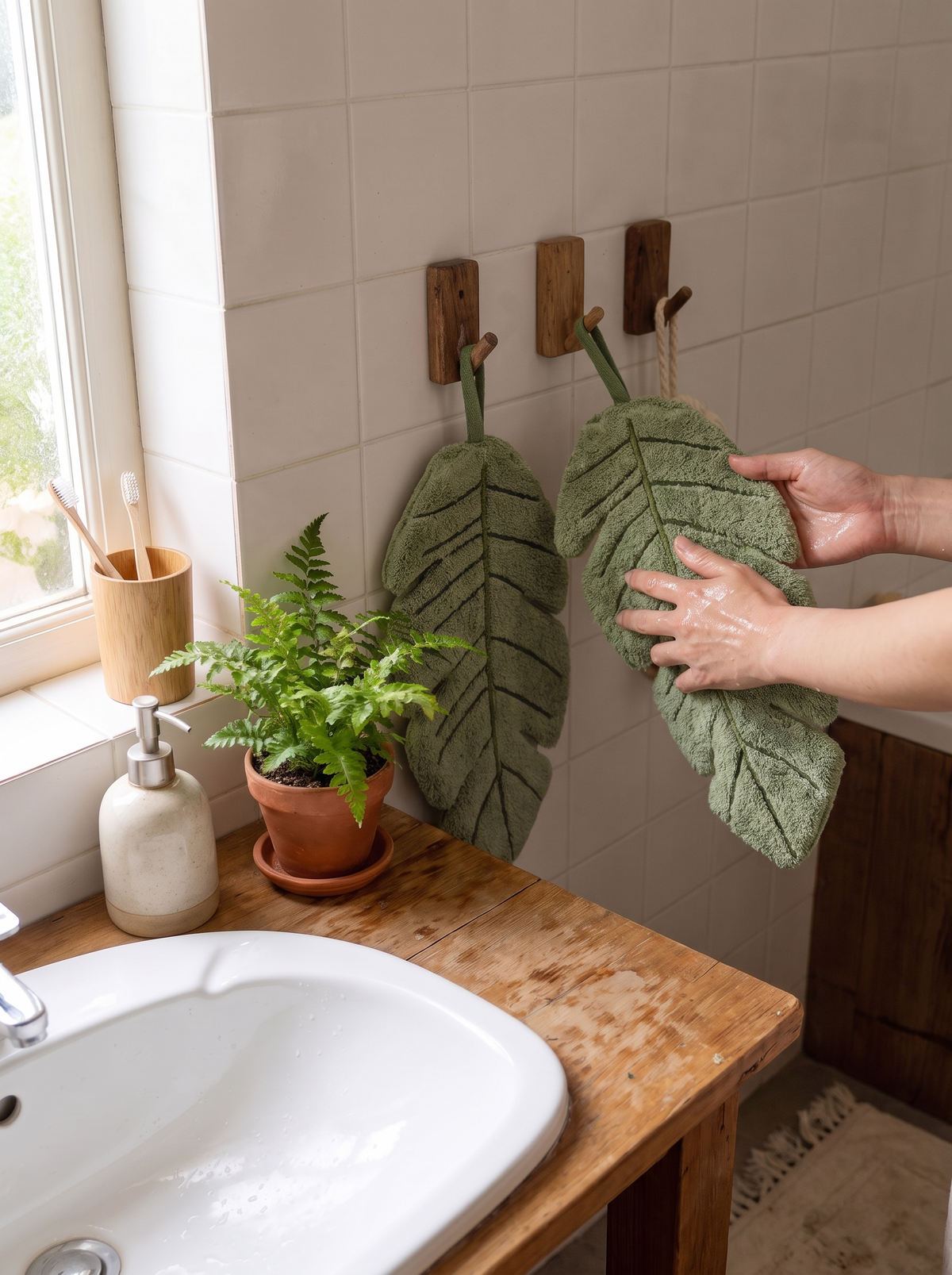 Leaf-Shaped Hand Towel with Hanging Loop lifestyle image 3