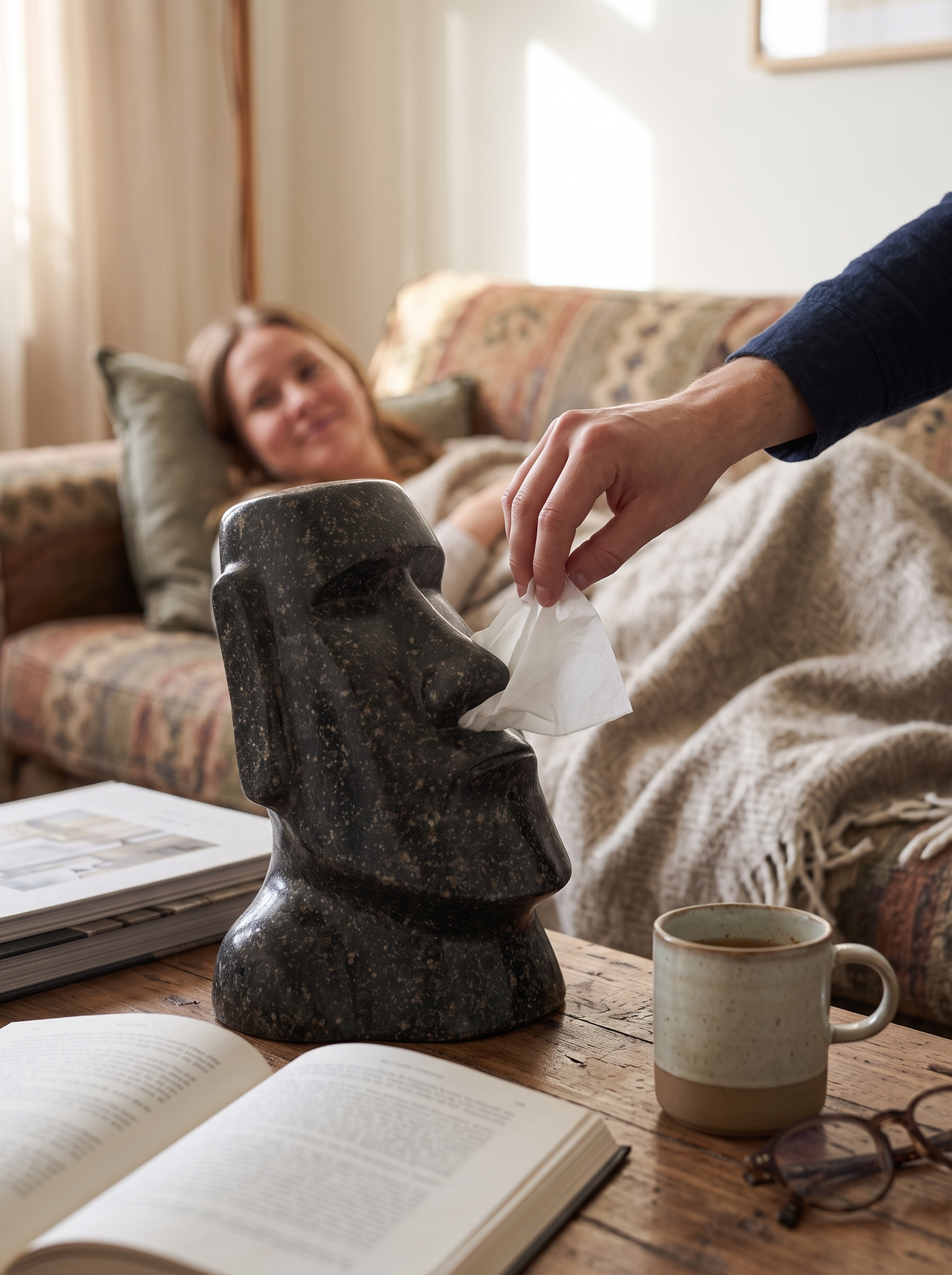 Easter Island Moai Tissue Box Holder, Sculptural lifestyle image 2