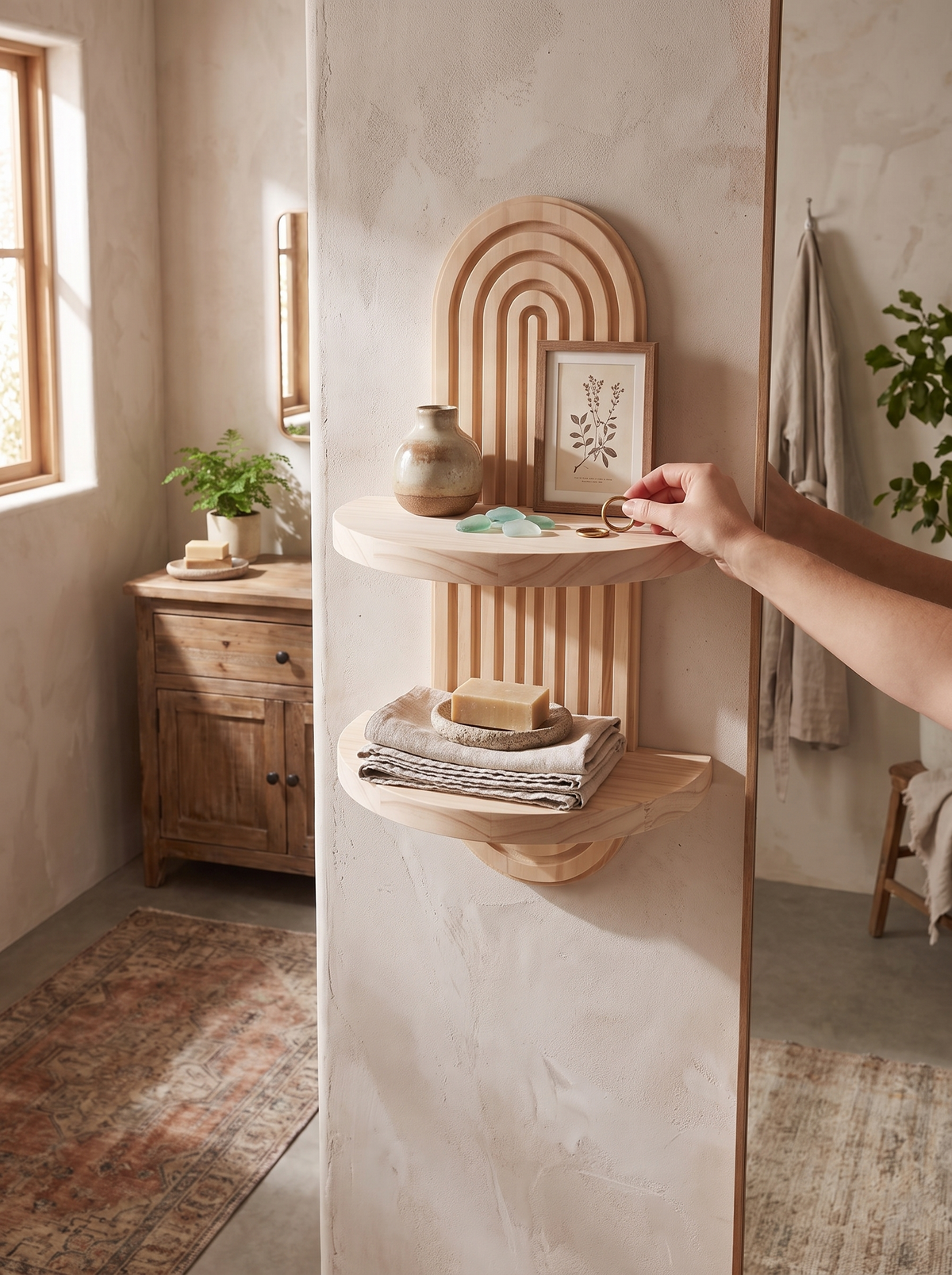 Calista Arched Wood Wall Shelf with Ring Detail lifestyle image 3