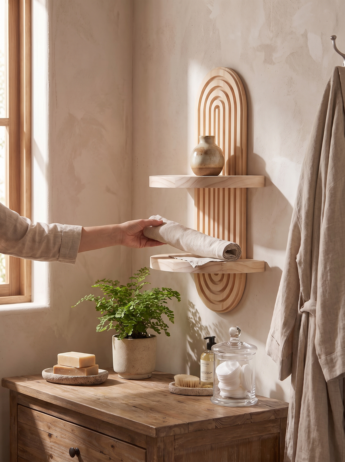 Calista Arched Wood Wall Shelf with Ring Detail lifestyle image 1