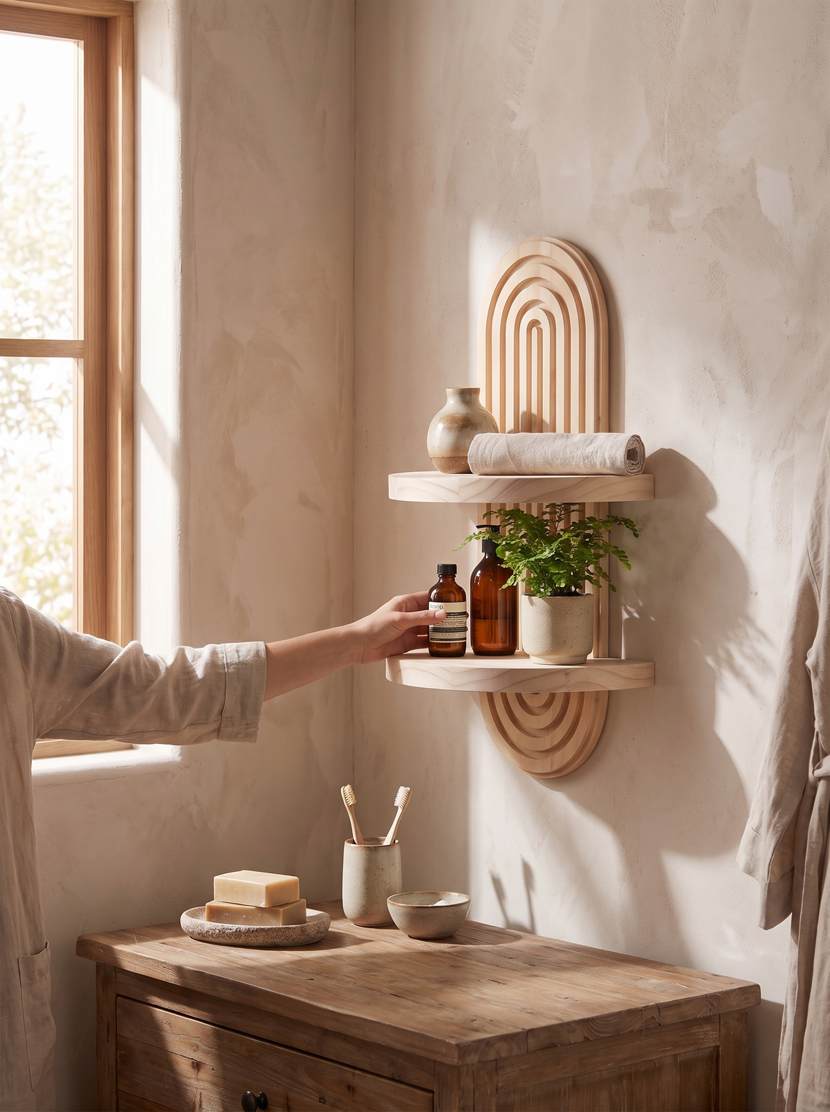 Calista Arched Wood Wall Shelf with Ring Detail lifestyle image 2