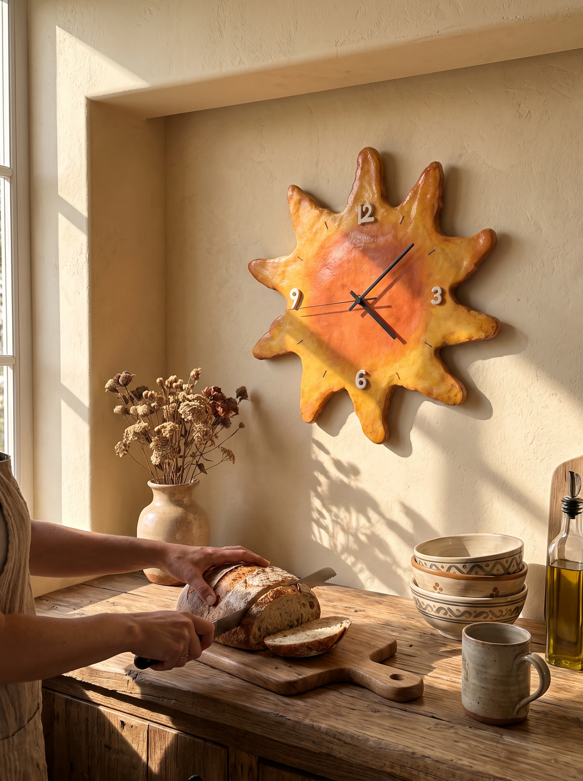 Solstice Sun-Shaped Wood Wall Clock, Hand-Painted lifestyle image 1