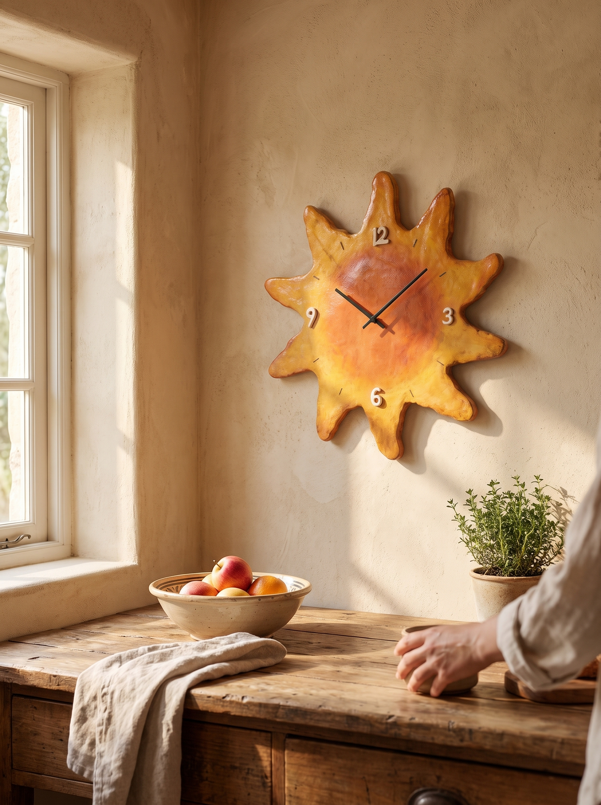 Solstice Sun-Shaped Wood Wall Clock, Hand-Painted lifestyle image 2
