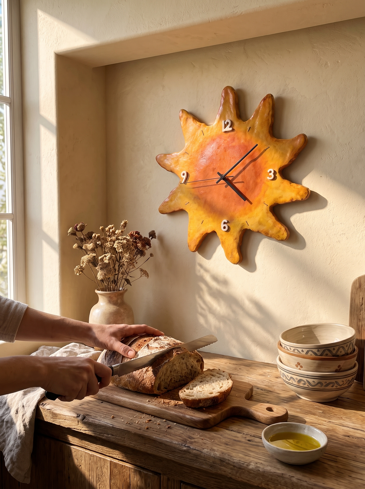 Solstice Sun-Shaped Wood Wall Clock, Hand-Painted lifestyle image 3