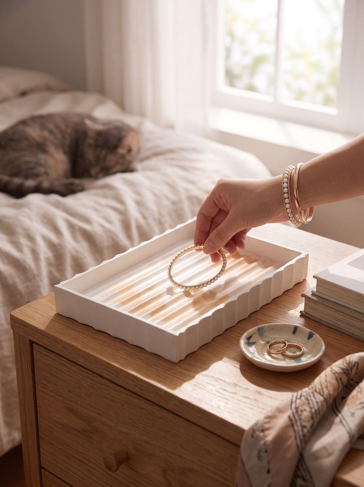 Fluted Catchall Tray, White Ceramic Vanity Dish lifestyle image 1