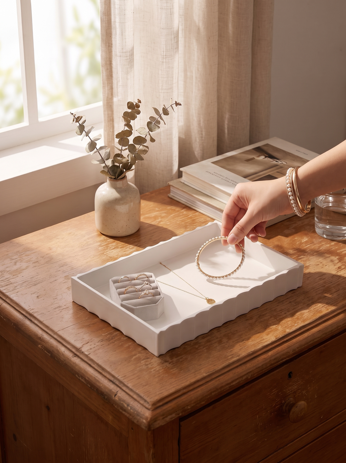 Fluted Catchall Tray, White Ceramic Vanity Dish lifestyle image 3