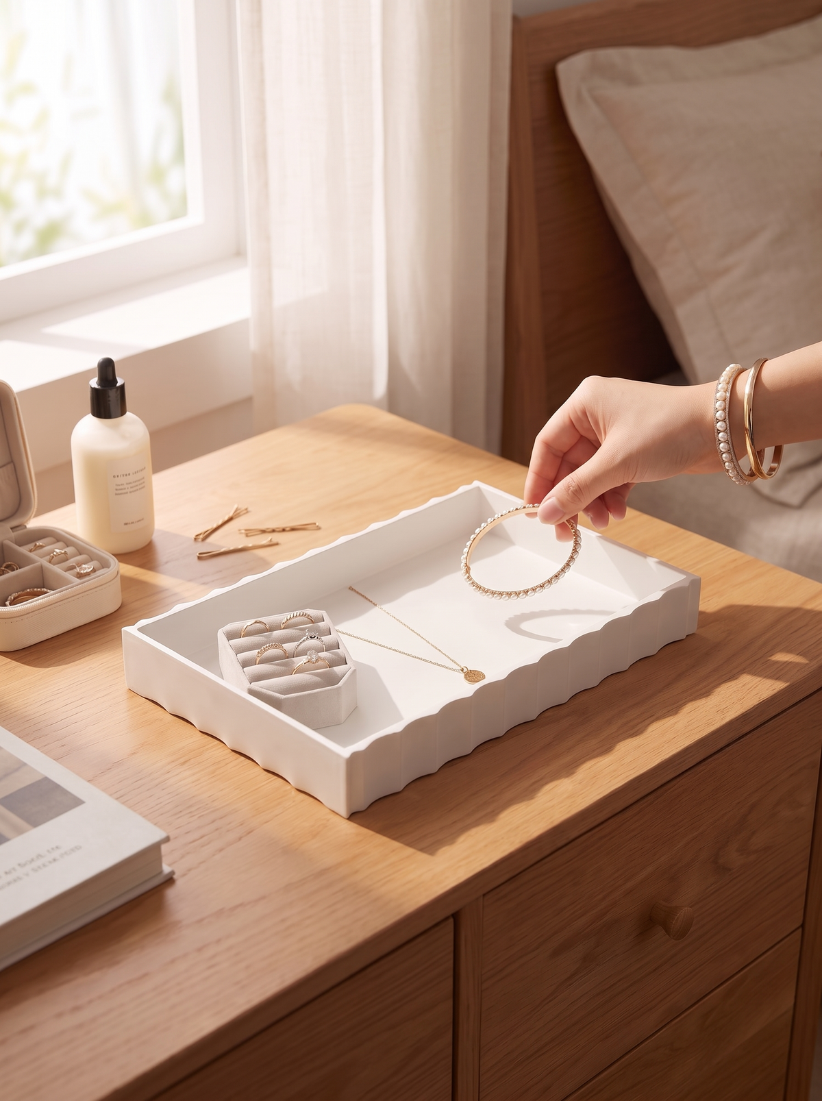 Fluted Catchall Tray, White Ceramic Vanity Dish lifestyle image 2