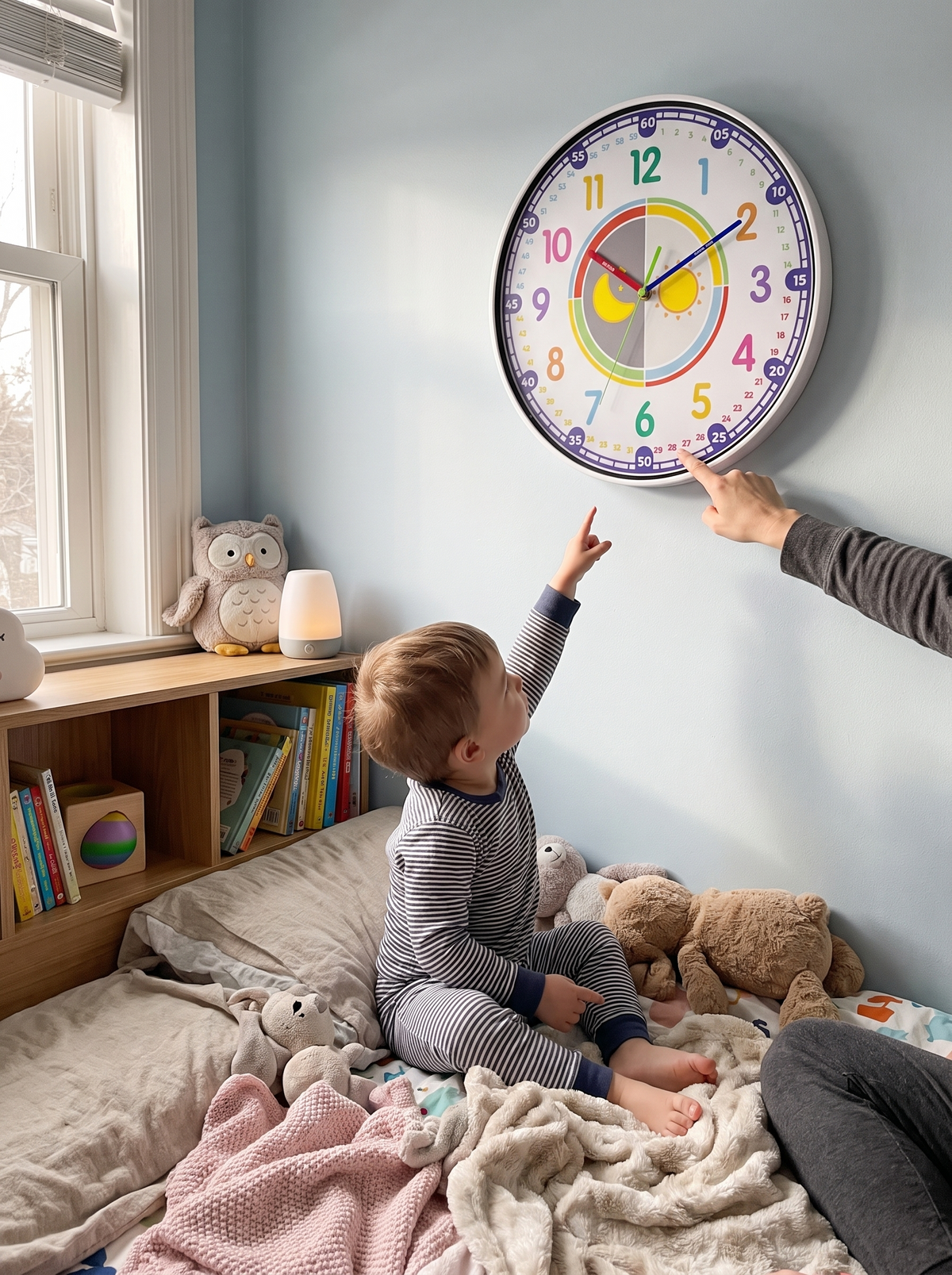 Ticksworth Learning Wall Clock for Kids, Owl Face lifestyle image 2