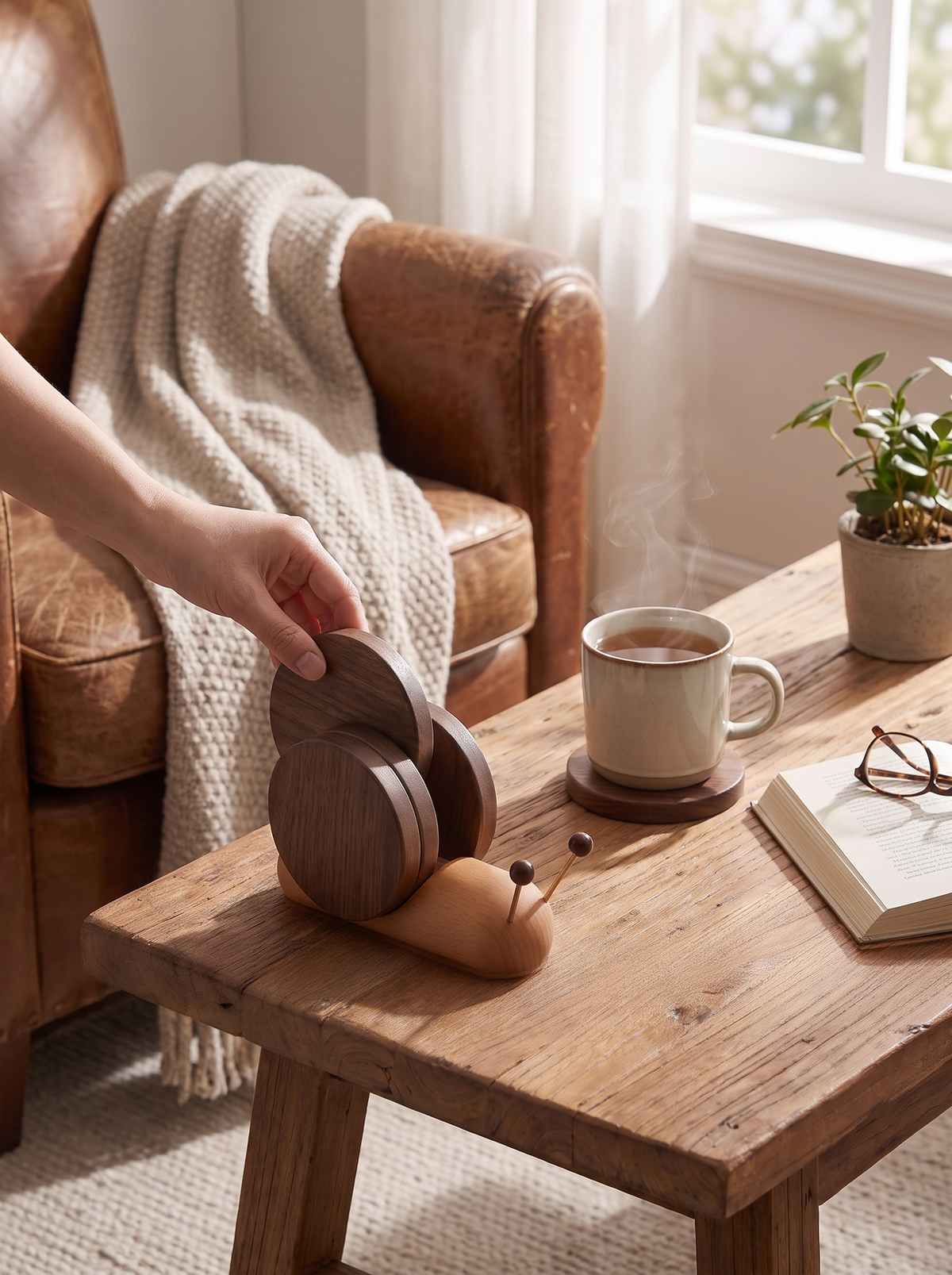 Snailwood Wooden Coaster Set with Snail Holder lifestyle image 2