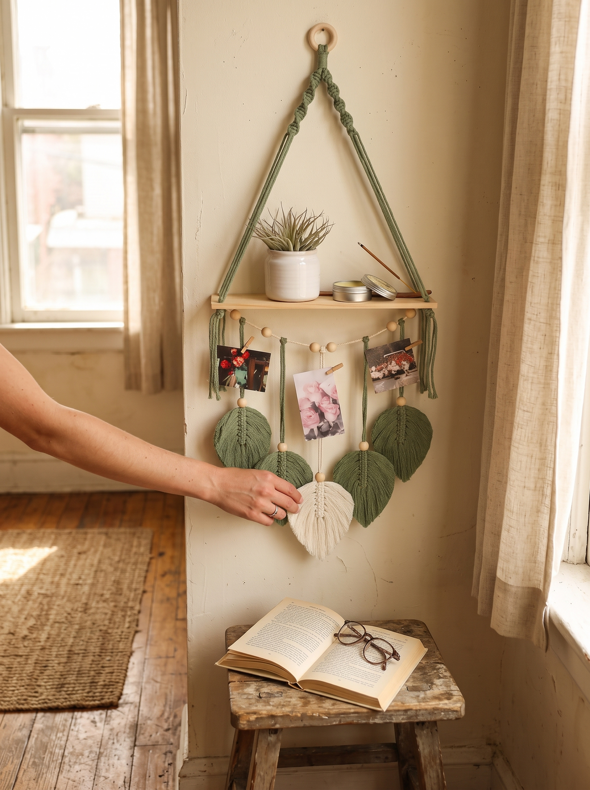 Thistle Boho Macrame Hanging Wall Shelf lifestyle image 3
