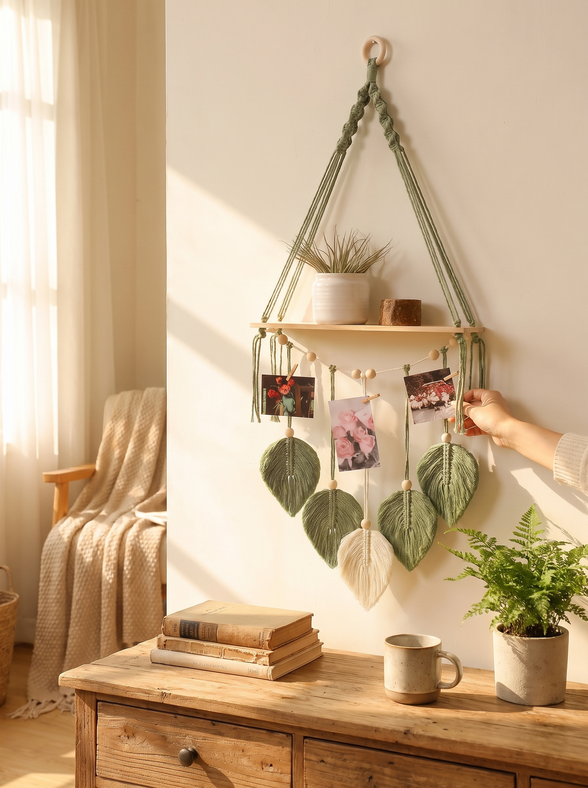 Thistle Boho Macrame Hanging Wall Shelf lifestyle image 2