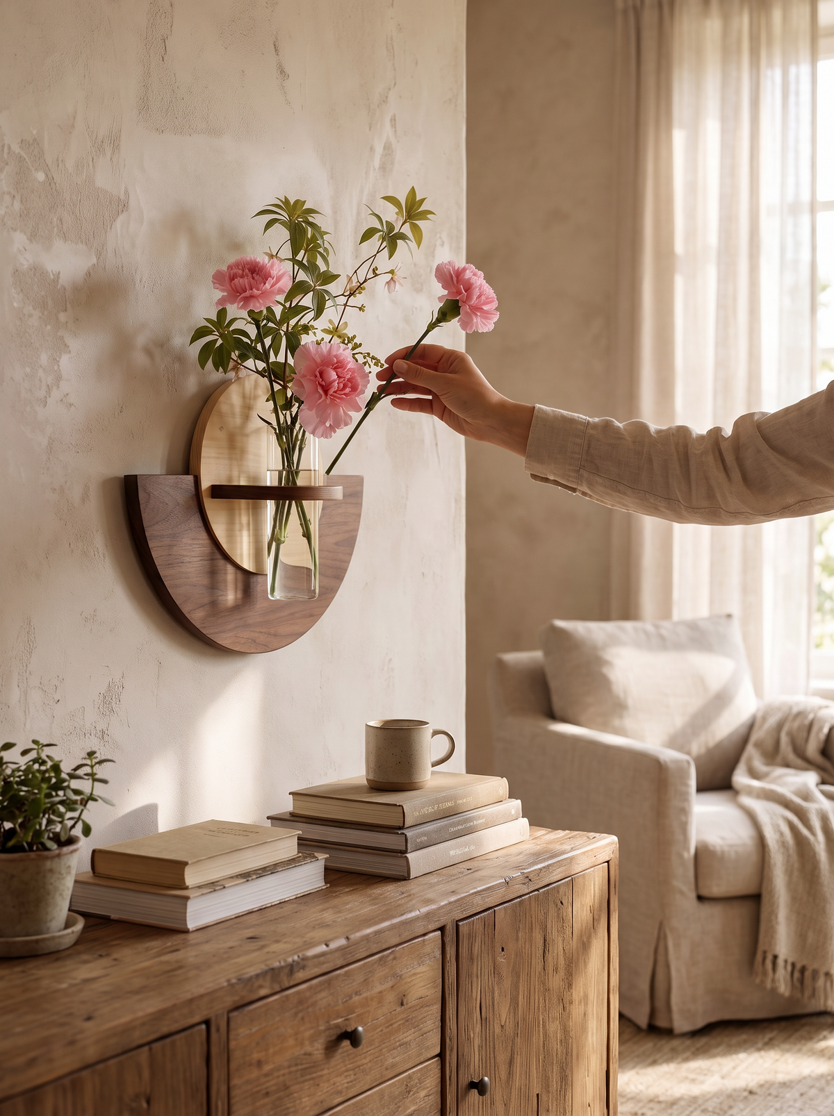 Celeste Semi-Circle Wall Mount Wood Vase, Glass Tube lifestyle image 1