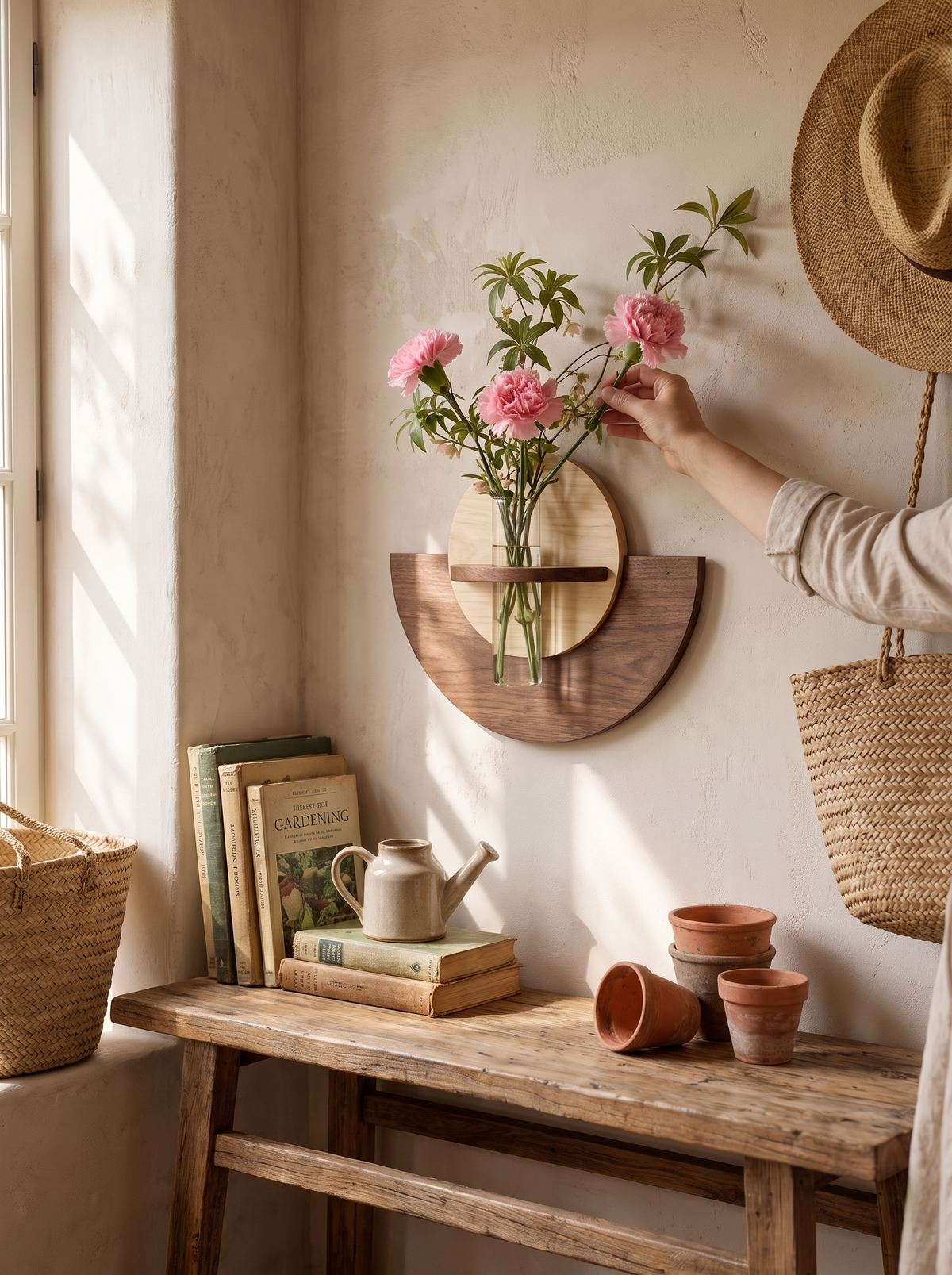 Celeste Semi-Circle Wall Mount Wood Vase, Glass Tube lifestyle image 2