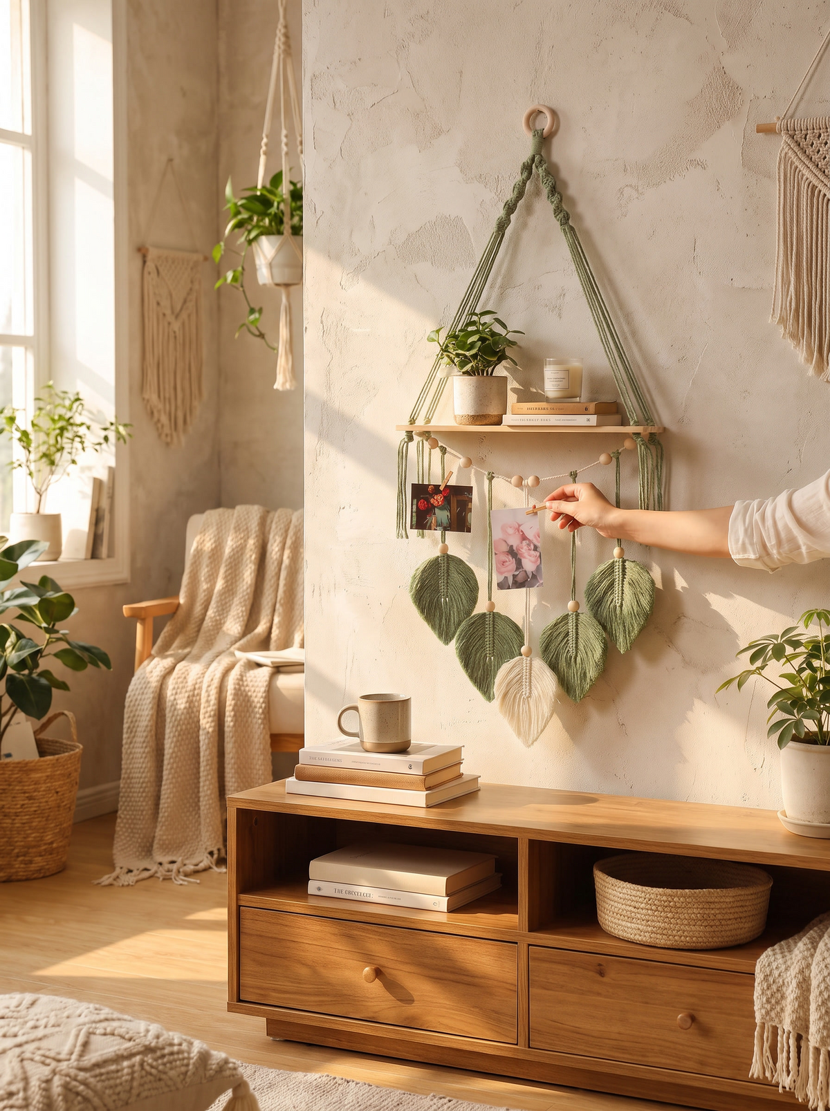Thistle Boho Macrame Hanging Wall Shelf lifestyle image 1