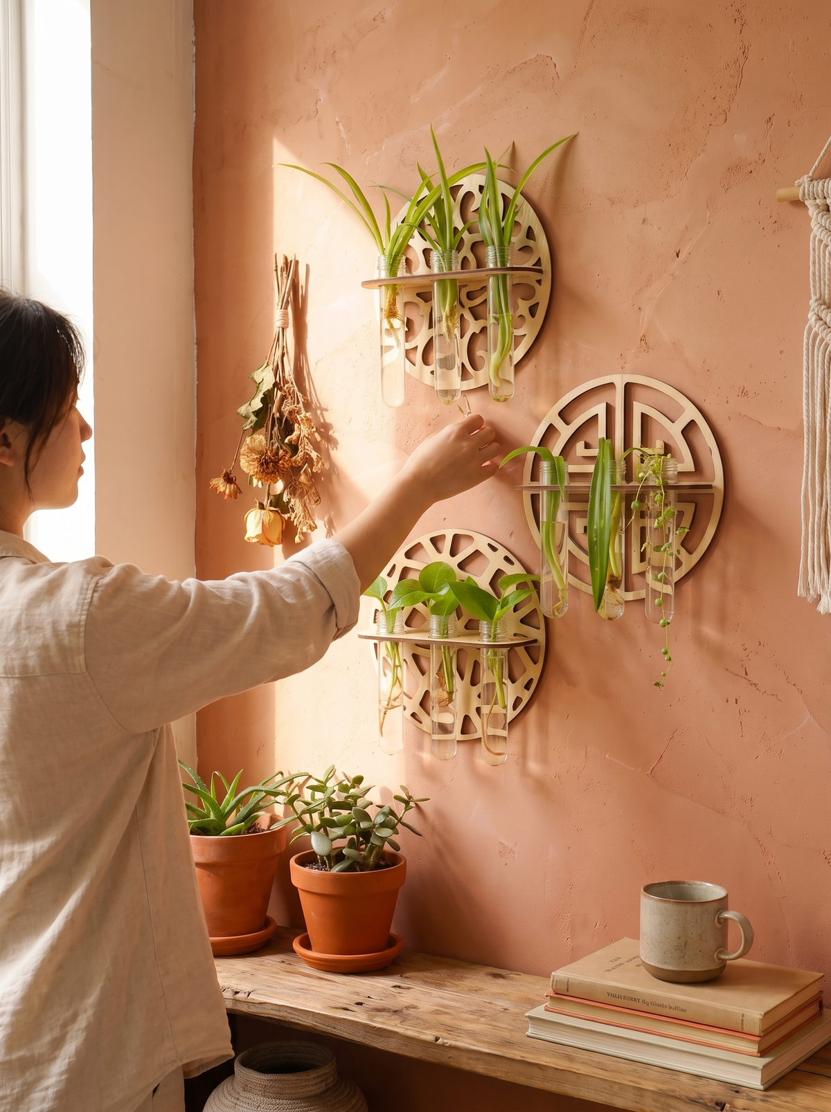 Harmon Wall-Mount Wood Plant Propagation Vase Rack lifestyle image 1