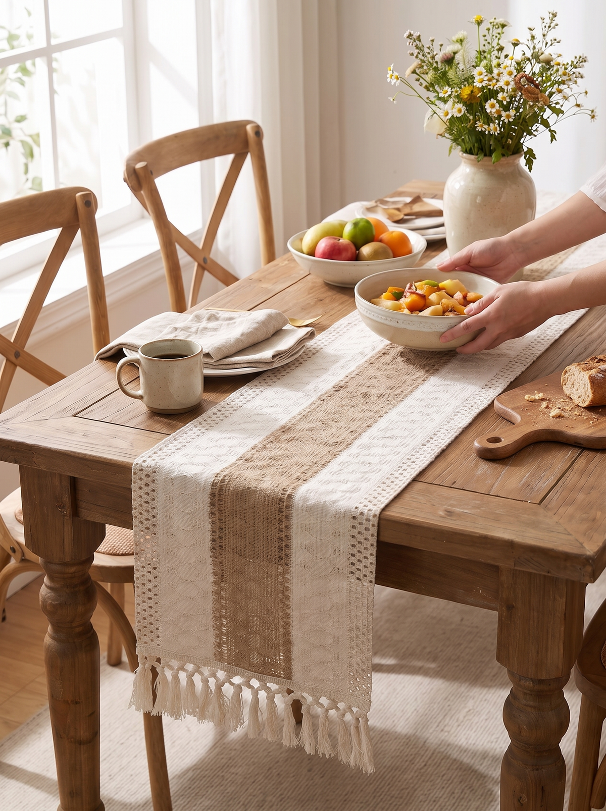 Brynn Burlap Striped Table Runner with Tassels lifestyle image 1