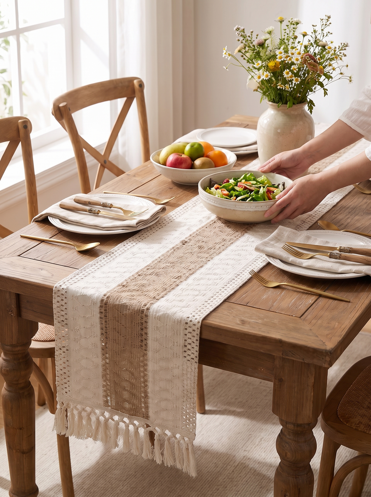 Brynn Burlap Striped Table Runner with Tassels lifestyle image 2