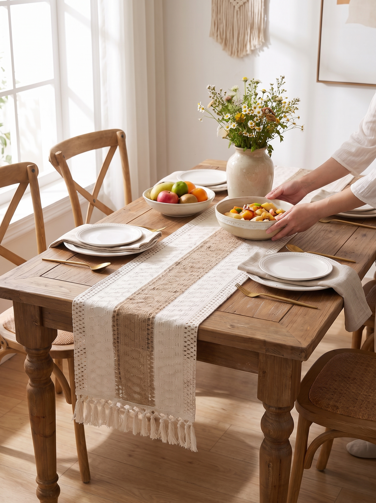 Brynn Burlap Striped Table Runner with Tassels lifestyle image 3