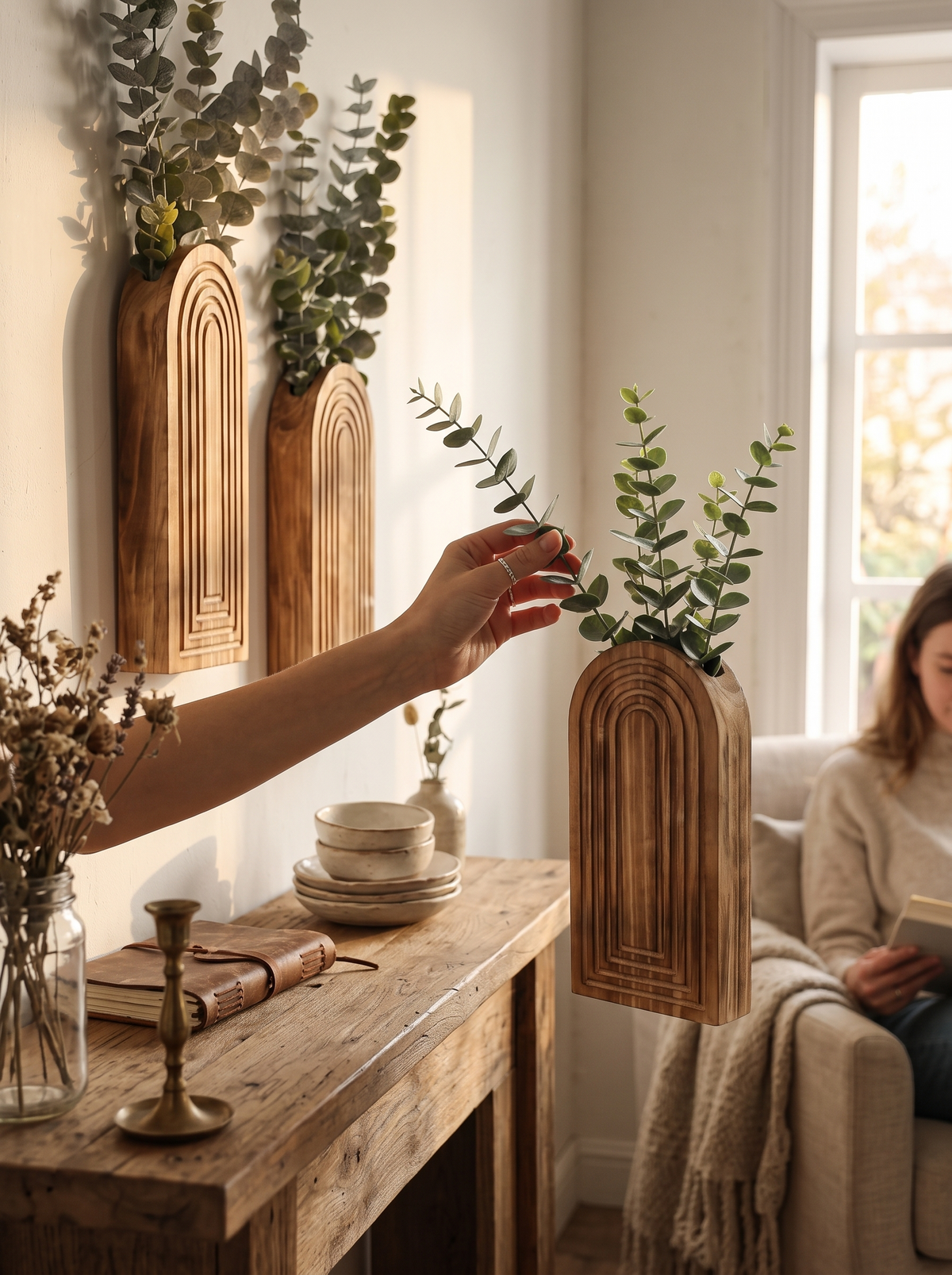 Arched Wood Wall Vase, Carved Boho Wall Planter lifestyle image 1