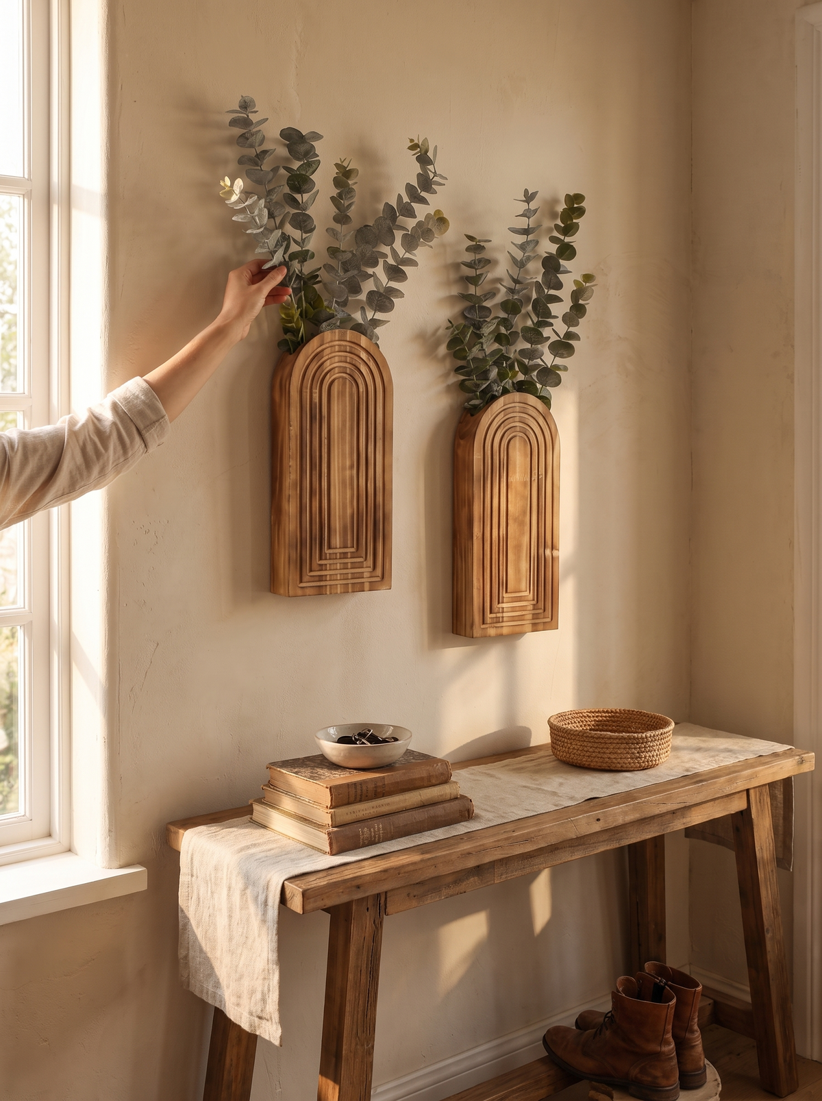 Arched Wood Wall Vase, Carved Boho Wall Planter lifestyle image 2