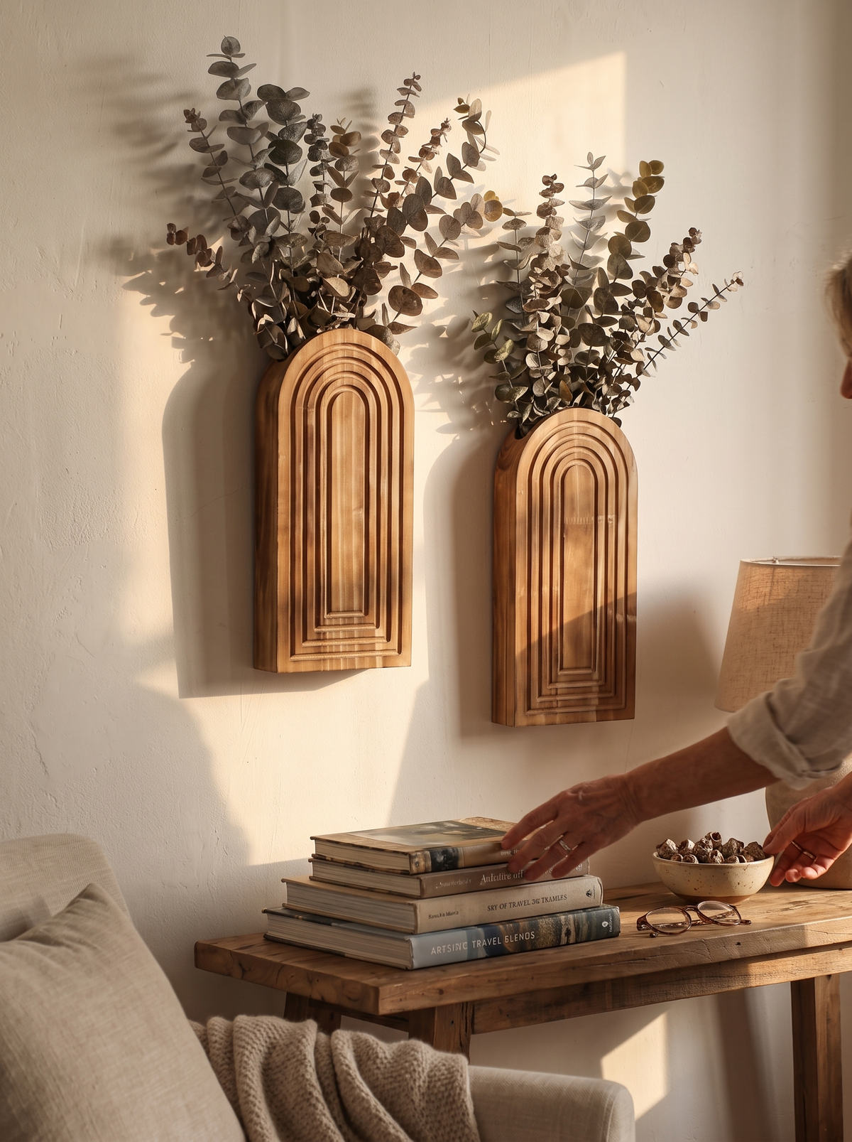 Arched Wood Wall Vase, Carved Boho Wall Planter lifestyle image 3